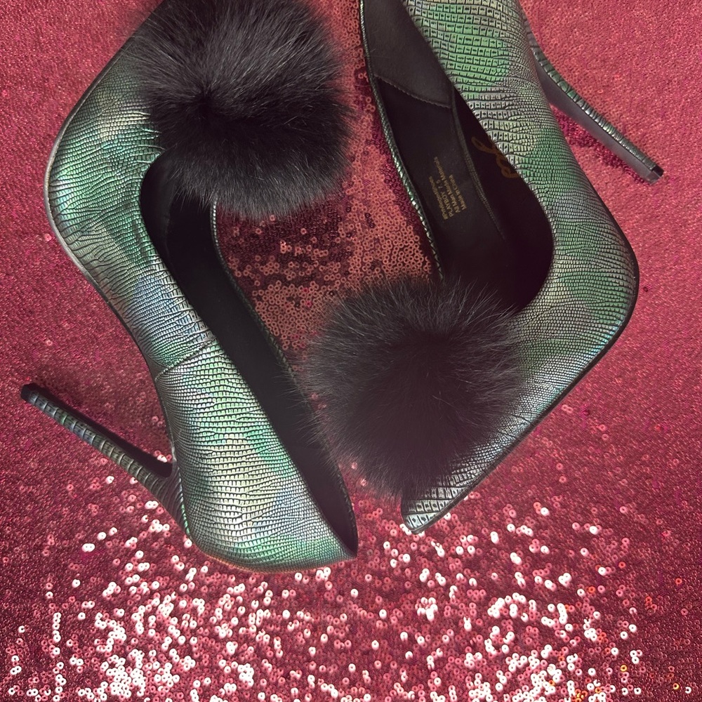 AKIRA Black and Green High Heel Mules with Pom-Pom